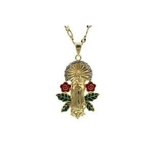 Our Lady of Guadalupe Pendant with Necklace Gold Filled Red Roses Green Leafs